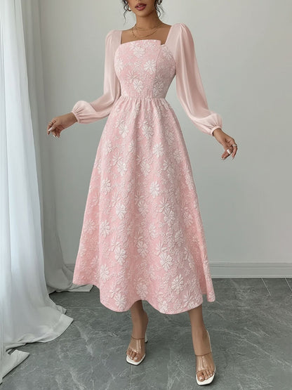 Elegant Midi Dress for Women with Square Neck Long Sleeve Flowing A Line Formal Wedding Guest Style