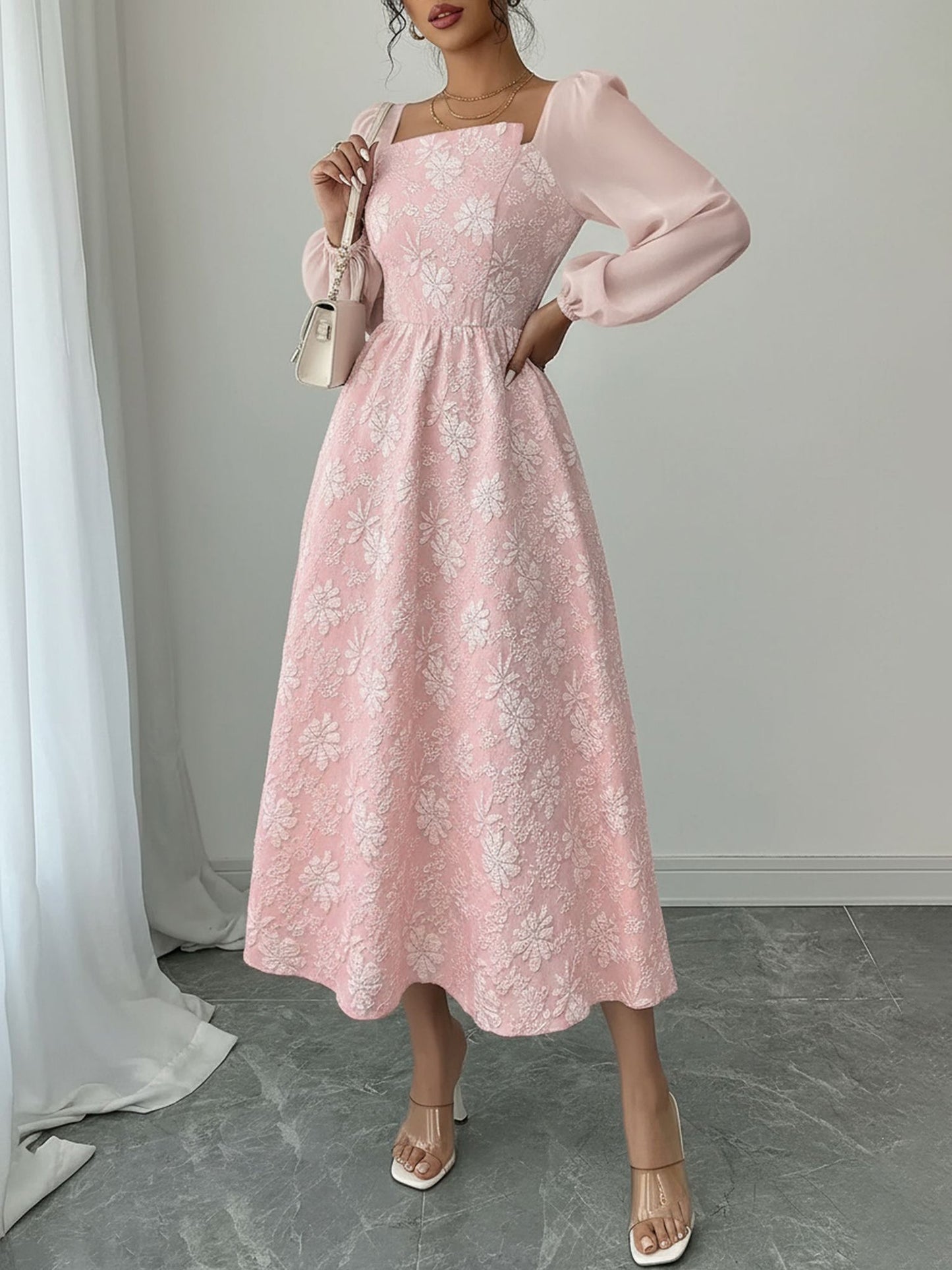 Elegant Midi Dress for Women with Square Neck Long Sleeve Flowing A Line Formal Wedding Guest Style