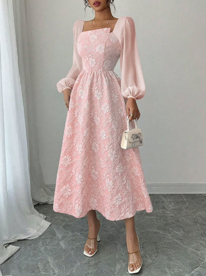 Elegant Midi Dress for Women with Square Neck Long Sleeve Flowing A Line Formal Wedding Guest Style