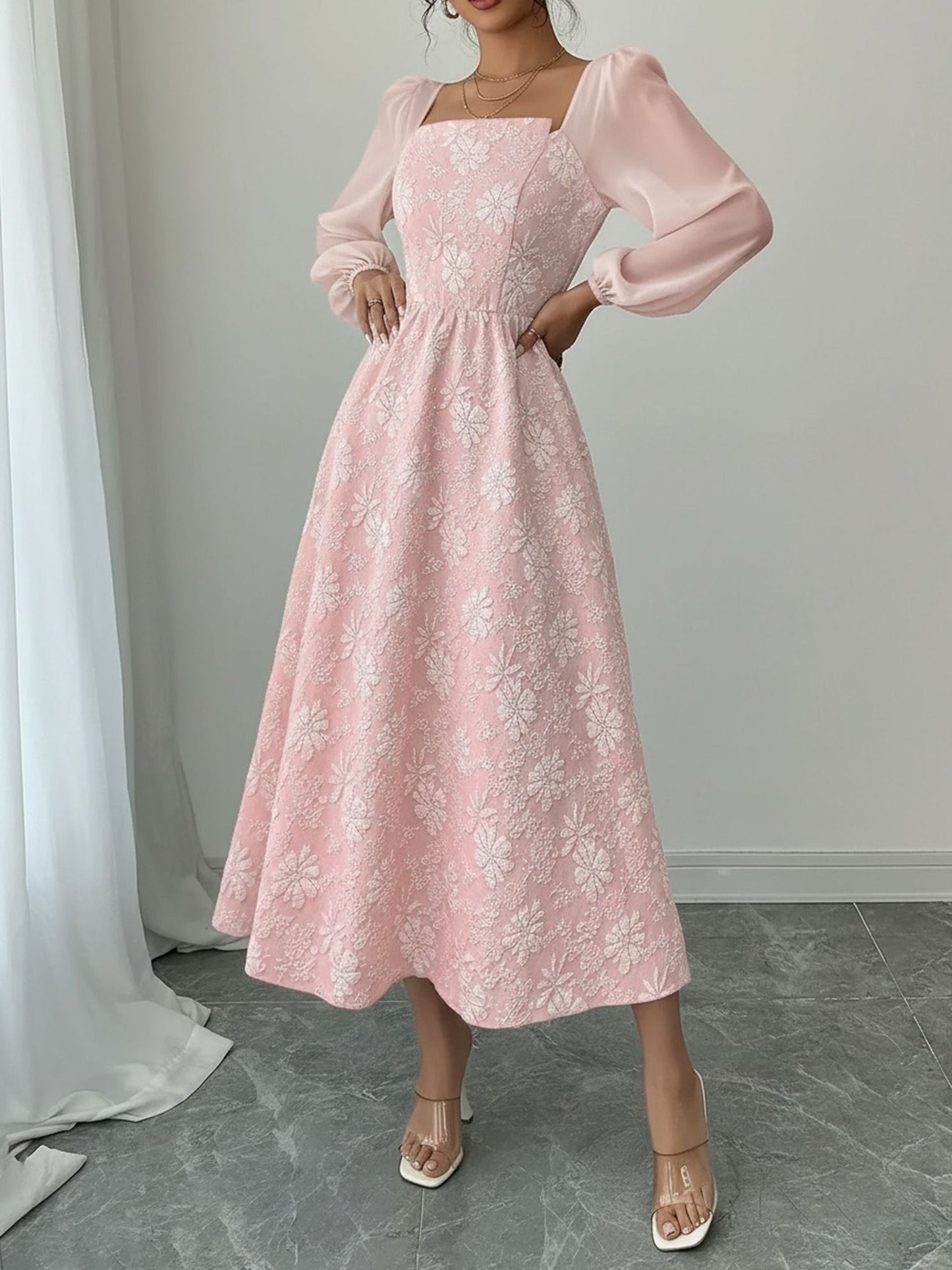 Elegant Midi Dress for Women with Square Neck Long Sleeve Flowing A Line Formal Wedding Guest Style