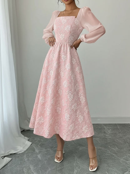 Elegant Midi Dress for Women with Square Neck Long Sleeve Flowing A Line Formal Wedding Guest Style