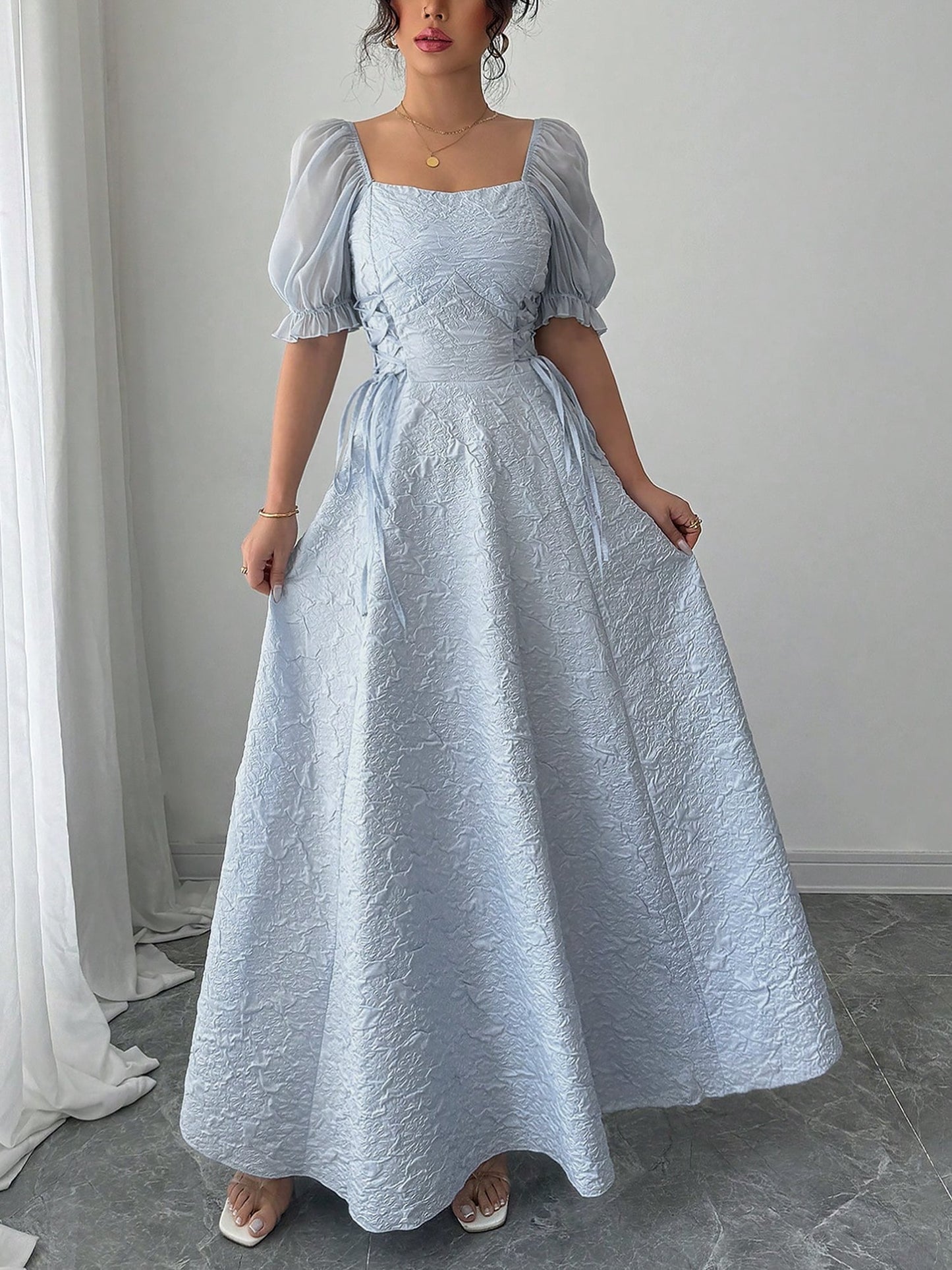 Elegant Grey Blue A Line Wedding Dress for Women with Square Neck Puff Sleeve
