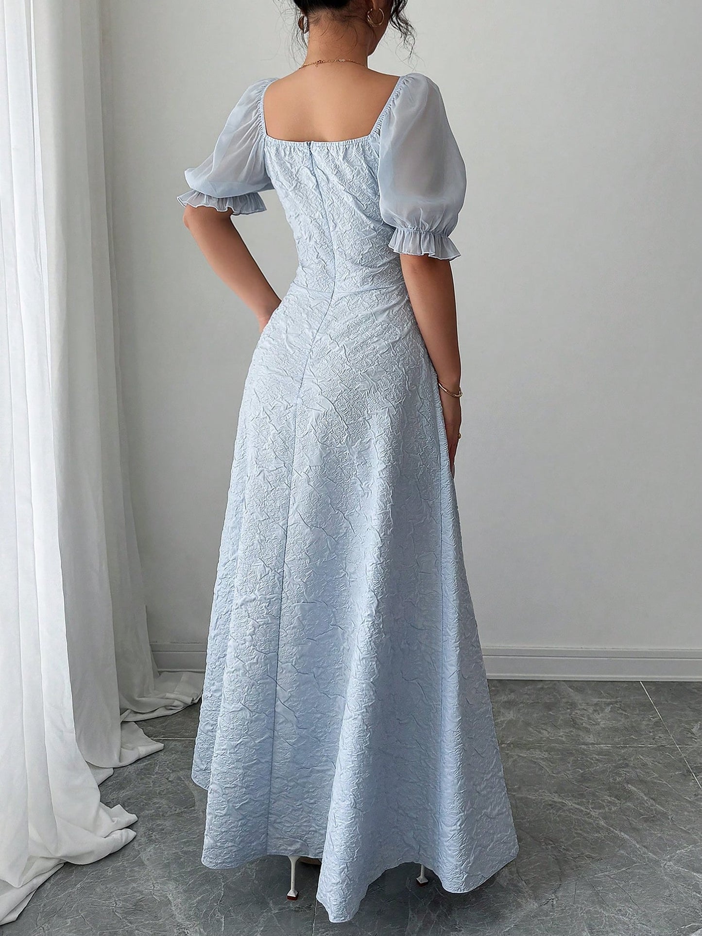 Elegant Grey Blue A Line Wedding Dress for Women with Square Neck Puff Sleeve