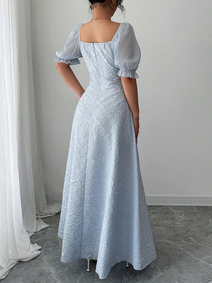 Elegant Grey Blue A Line Wedding Dress for Women with Square Neck Puff Sleeve