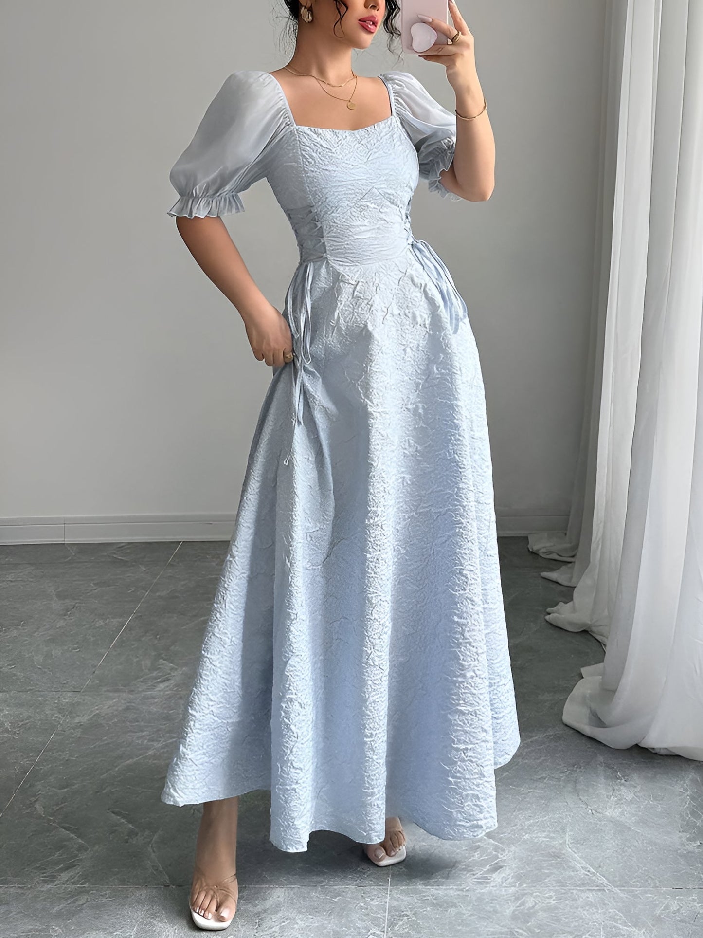 Elegant Grey Blue A Line Wedding Dress for Women with Square Neck Puff Sleeve
