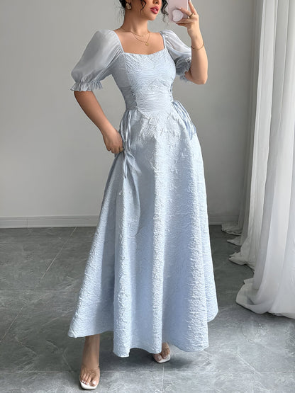Elegant Grey Blue A Line Wedding Dress for Women with Square Neck Puff Sleeve