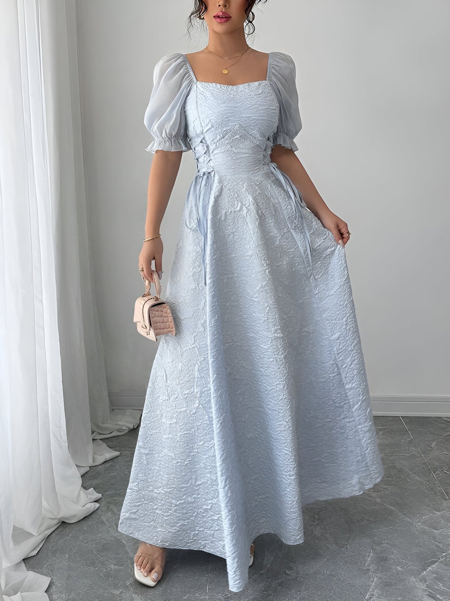 Elegant Grey Blue A Line Wedding Dress for Women with Square Neck Puff Sleeve