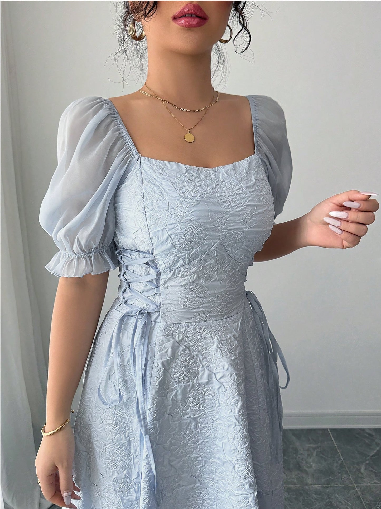 Elegant Grey Blue A Line Wedding Dress for Women with Square Neck Puff Sleeve