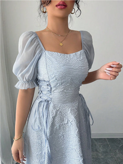 Elegant Grey Blue A Line Wedding Dress for Women with Square Neck Puff Sleeve