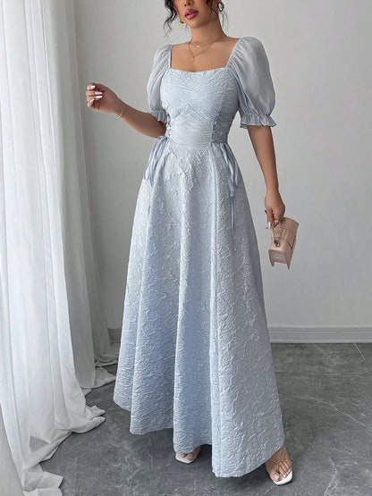 Elegant Grey Blue A Line Wedding Dress for Women with Square Neck Puff Sleeve