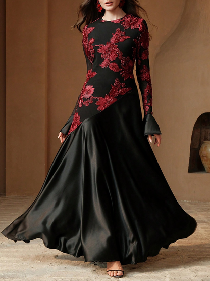 Elegant Black Floral Maxi Dress for Women with Round Neck Long Sleeve Flowing Mother Of The Bride Style