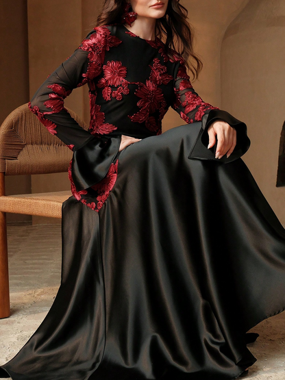 Elegant Black Floral Maxi Dress for Women with Round Neck Long Sleeve Flowing Mother Of The Bride Style