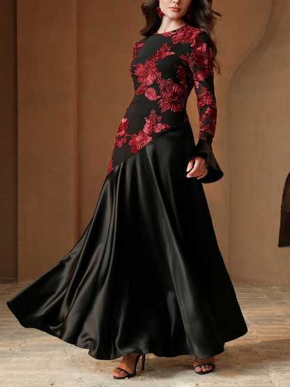 Elegant Black Floral Maxi Dress for Women with Round Neck Long Sleeve Flowing Mother Of The Bride Style