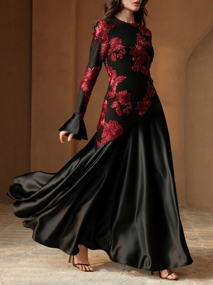 Elegant Black Floral Maxi Dress for Women with Round Neck Long Sleeve Flowing Mother Of The Bride Style