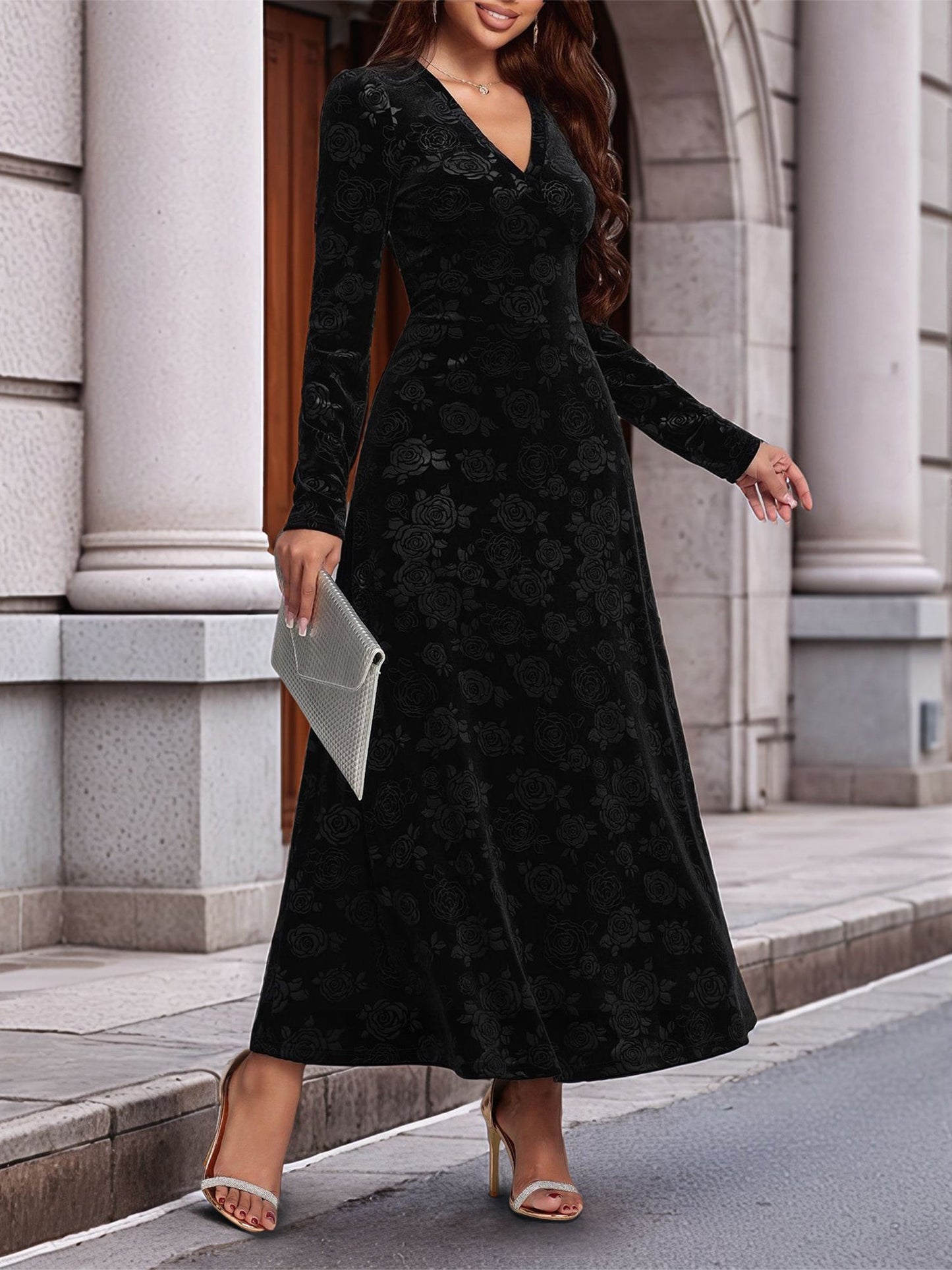 Elegant Black Velvet Maxi Dress for Women with V Neck Long Sleeve Flowing Autumn Wedding Guest Style