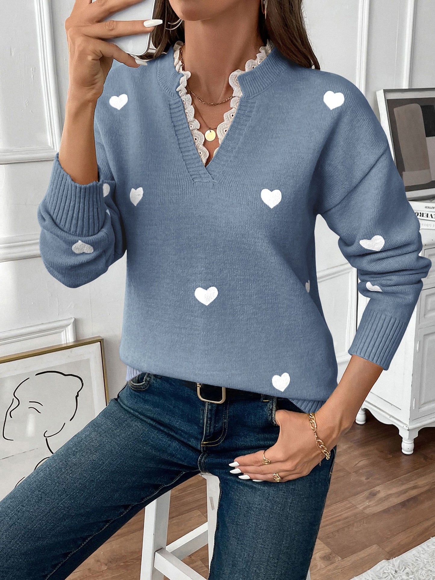 Comfortable Heart Print Sweater for Women with V Neck Scalloped Trim Long Sleeve
