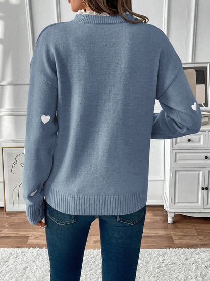 Comfortable Heart Print Sweater for Women with V Neck Scalloped Trim Long Sleeve