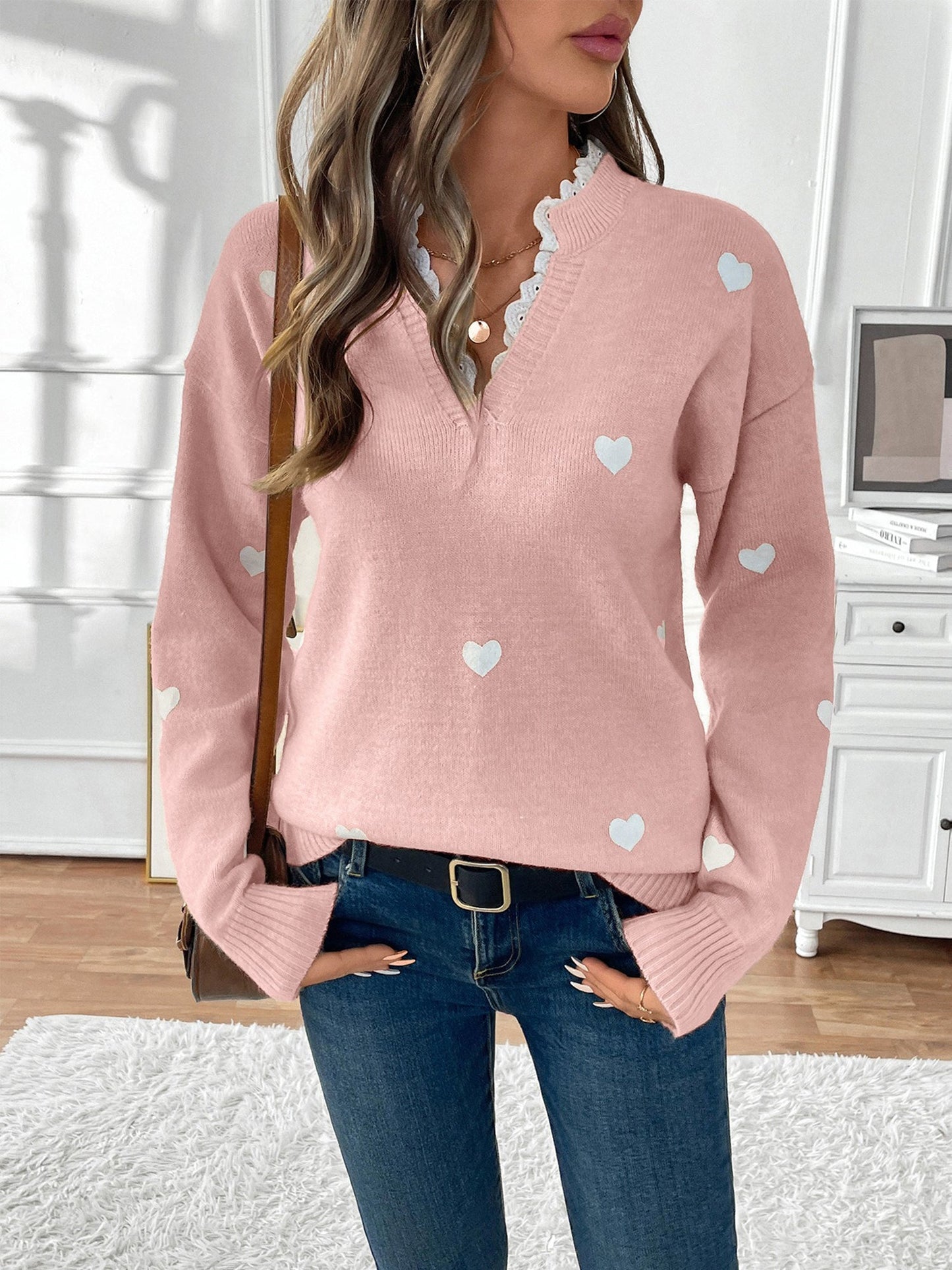 Comfortable Heart Print Sweater for Women with V Neck Scalloped Trim Long Sleeve