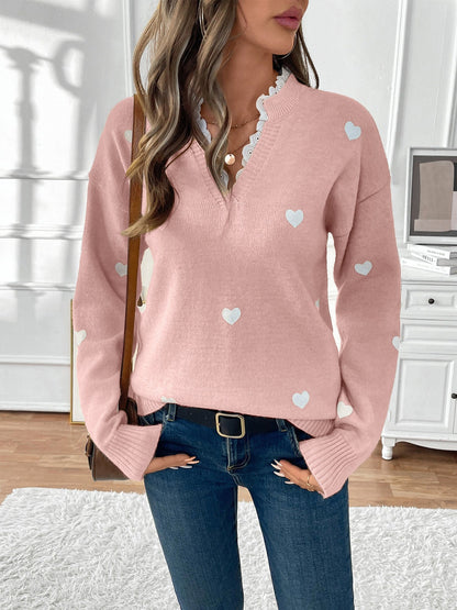 Comfortable Heart Print Sweater for Women with V Neck Scalloped Trim Long Sleeve