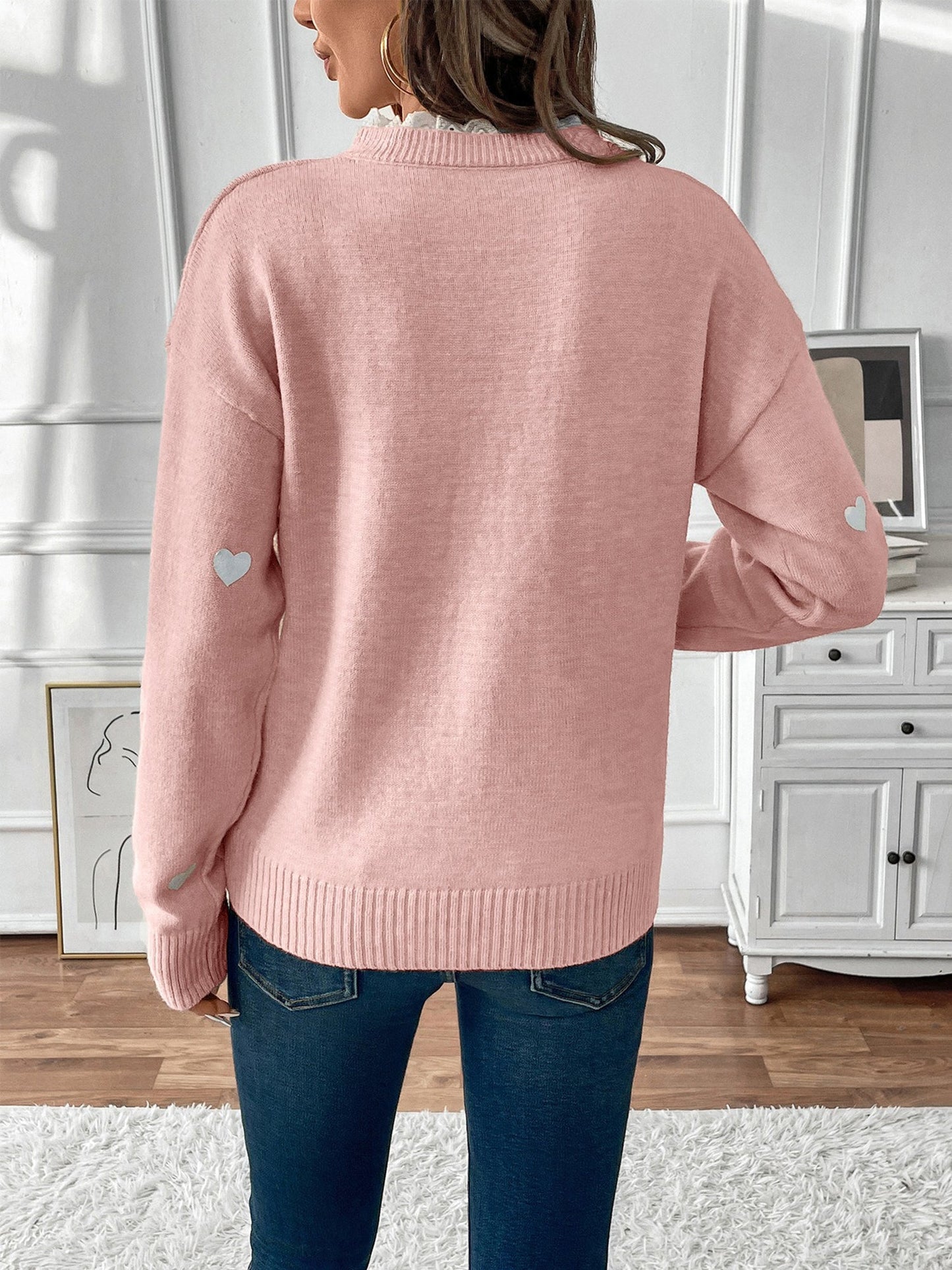 Comfortable Heart Print Sweater for Women with V Neck Scalloped Trim Long Sleeve