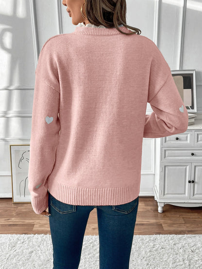 Comfortable Heart Print Sweater for Women with V Neck Scalloped Trim Long Sleeve