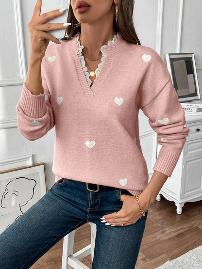 Comfortable Heart Print Sweater for Women with V Neck Scalloped Trim Long Sleeve