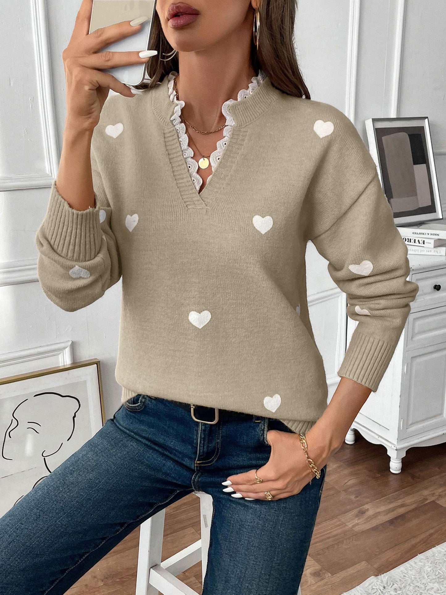 Comfortable Heart Print Sweater for Women with V Neck Scalloped Trim Long Sleeve