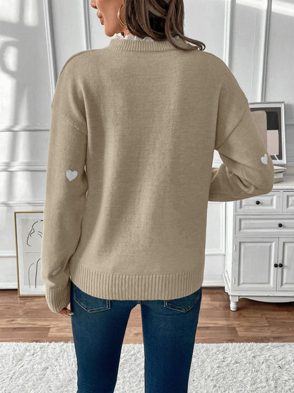 Comfortable Heart Print Sweater for Women with V Neck Scalloped Trim Long Sleeve
