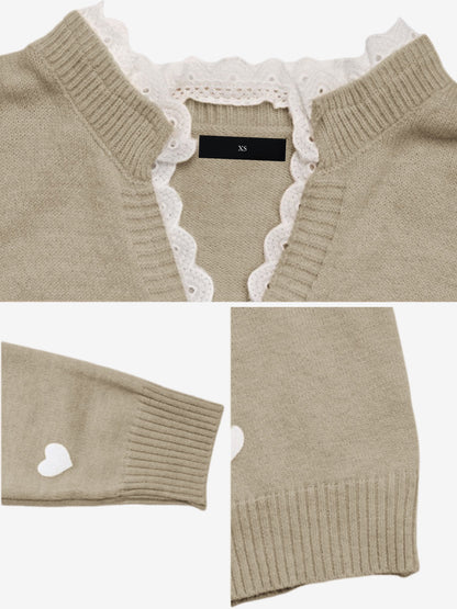 Comfortable Heart Print Sweater for Women with V Neck Scalloped Trim Long Sleeve