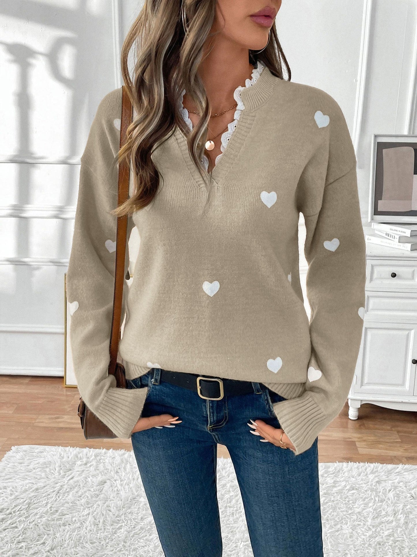 Comfortable Heart Print Sweater for Women with V Neck Scalloped Trim Long Sleeve