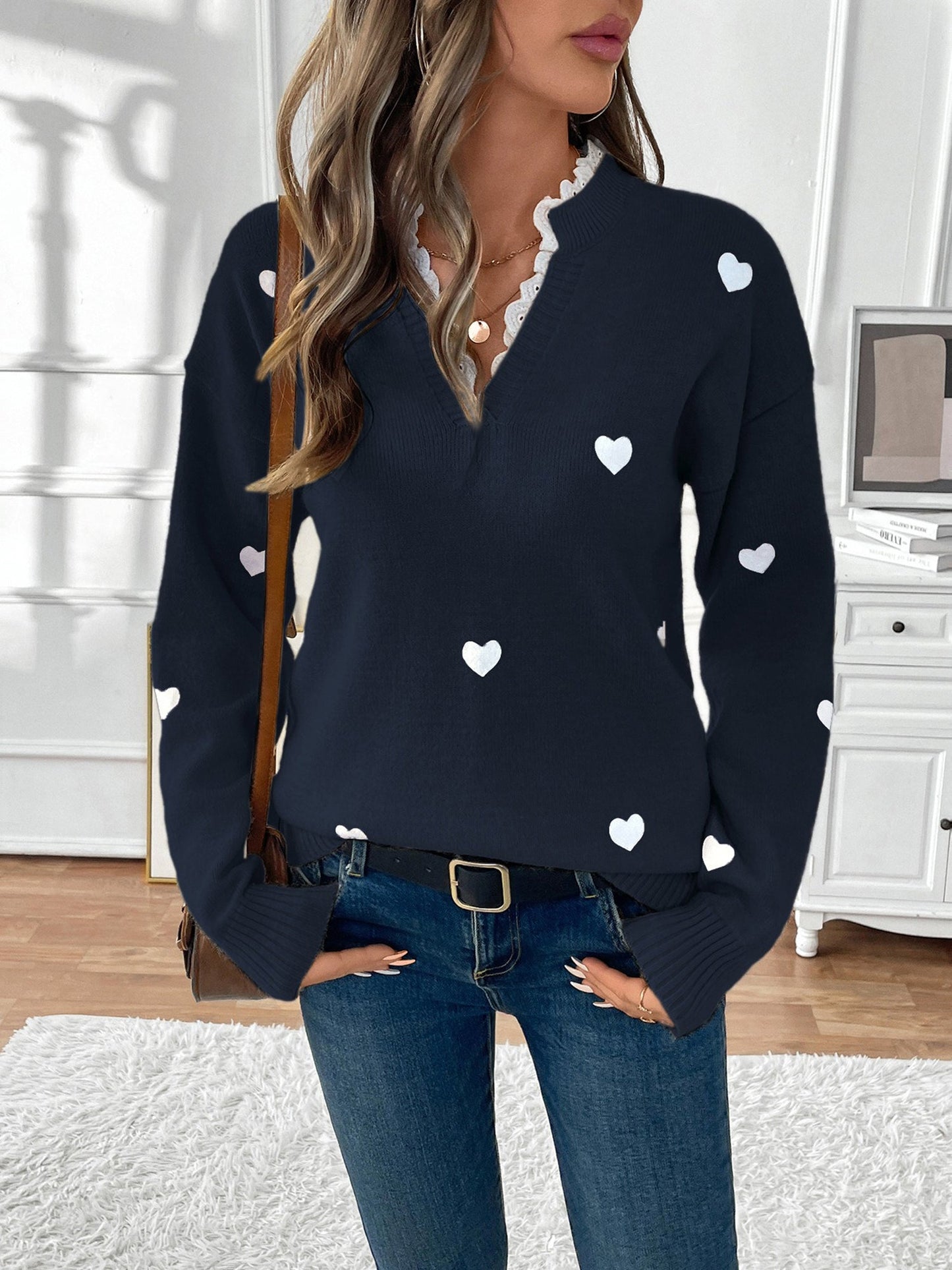 Comfortable Heart Print Sweater for Women with V Neck Scalloped Trim Long Sleeve