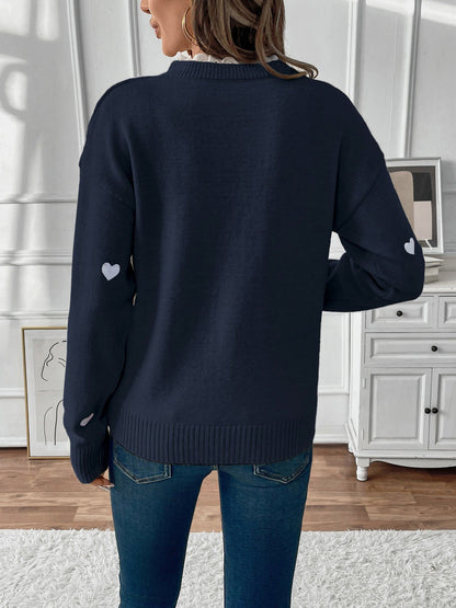 Comfortable Heart Print Sweater for Women with V Neck Scalloped Trim Long Sleeve