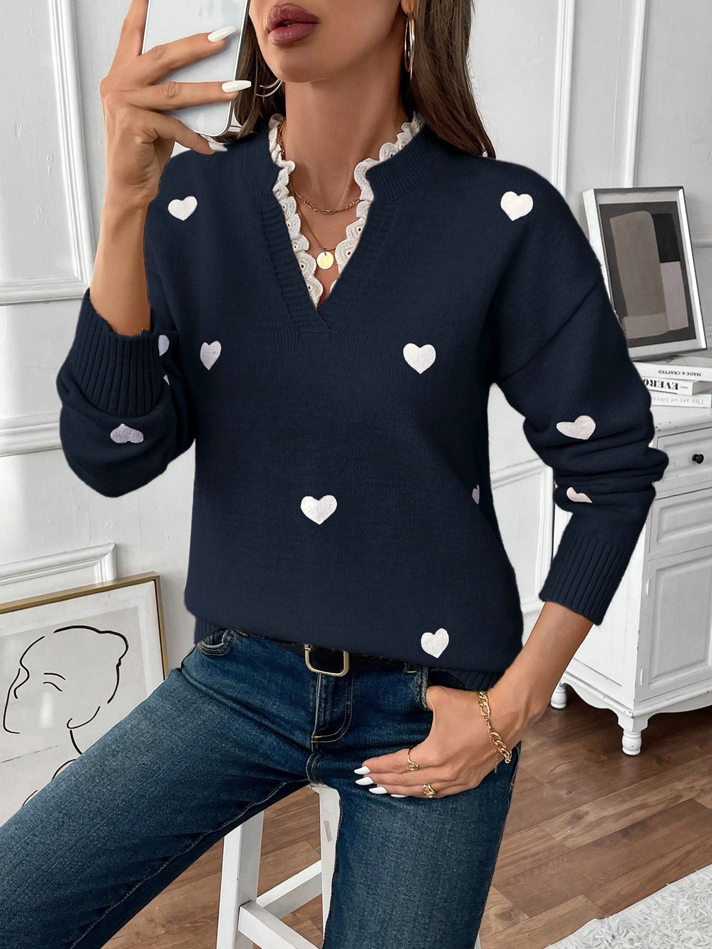 Comfortable Heart Print Sweater for Women with V Neck Scalloped Trim Long Sleeve