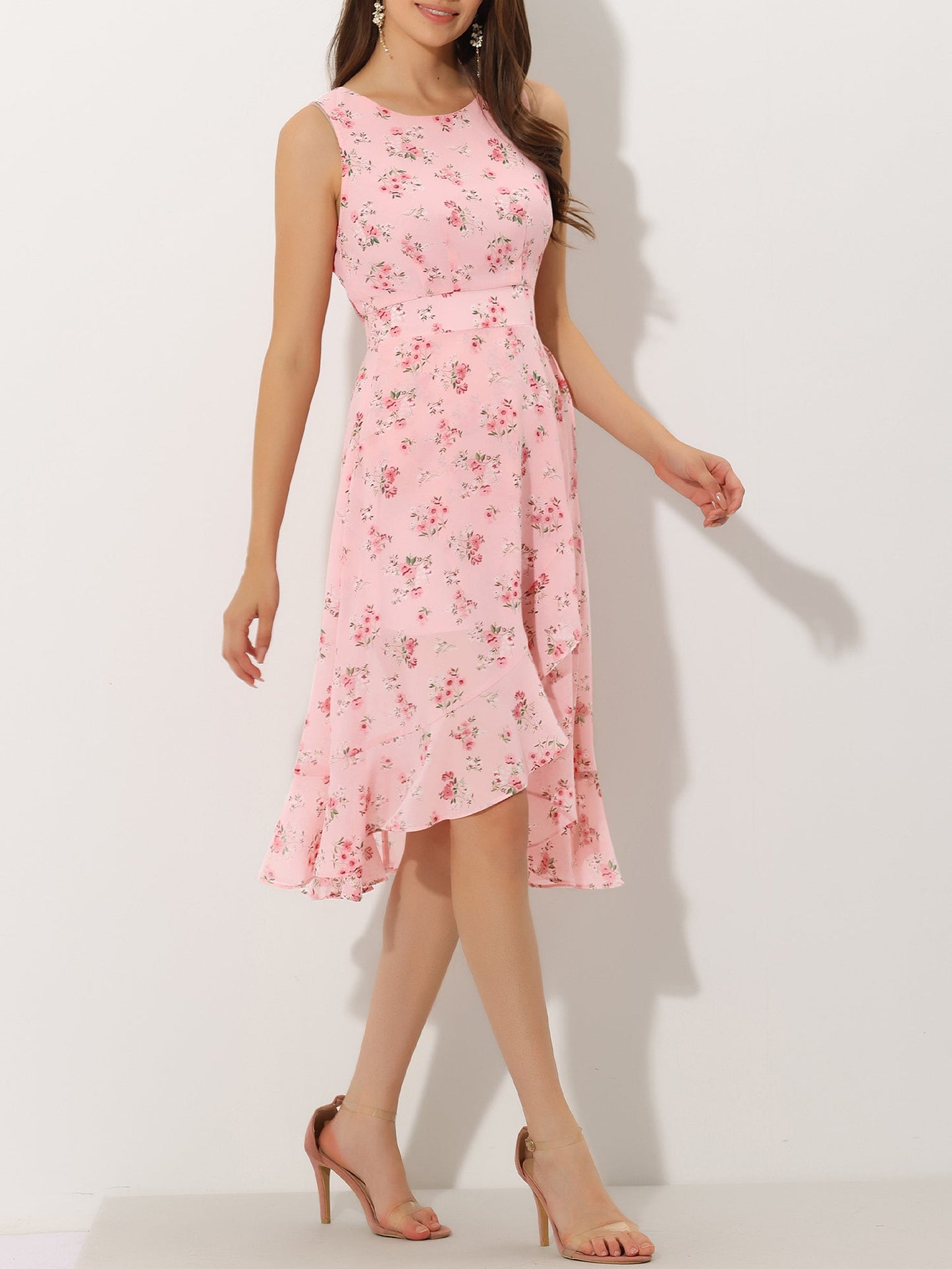 Elegant Pink Dress for Women with Floral Print Sleeveless High Low Hem