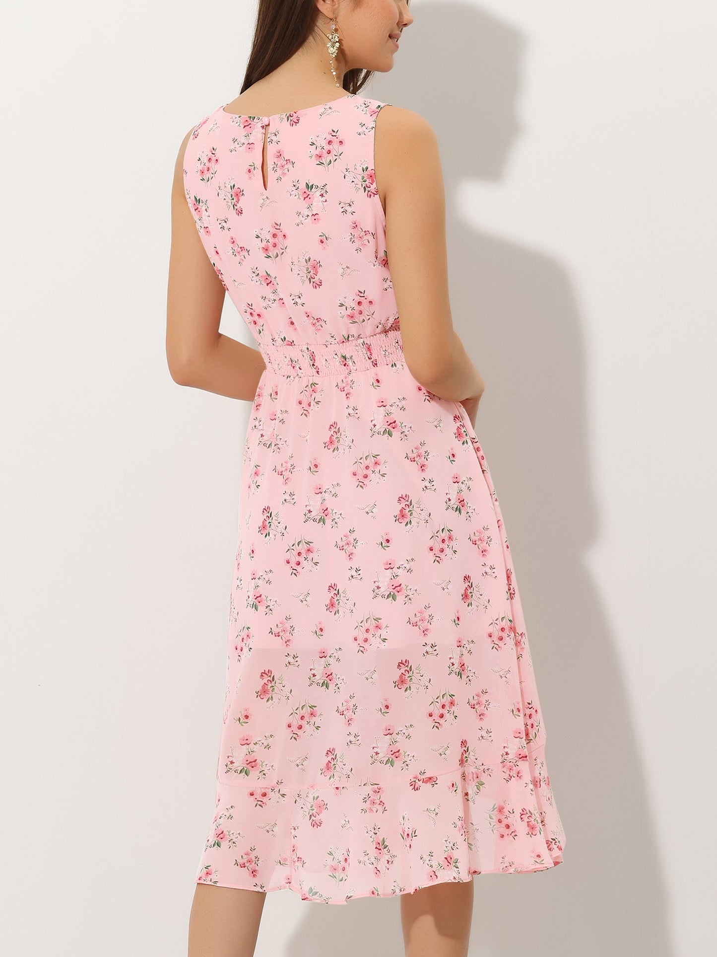 Elegant Pink Dress for Women with Floral Print Sleeveless High Low Hem