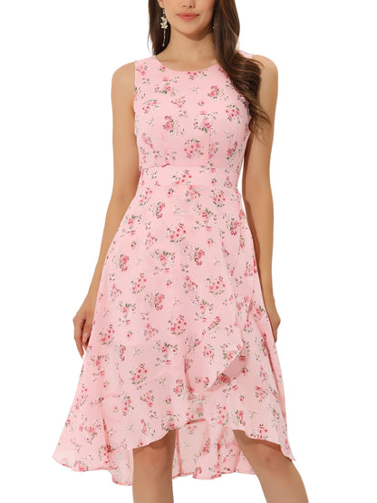 Elegant Pink Dress for Women with Floral Print Sleeveless High Low Hem