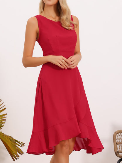 Elegant Red Midi Dress for Women with Boat Neck Sleeveless Ruffle Hem Asymmetric Style