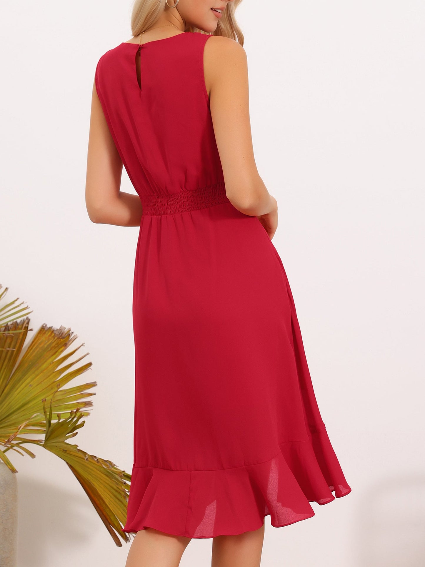 Elegant Red Midi Dress for Women with Boat Neck Sleeveless Ruffle Hem Asymmetric Style