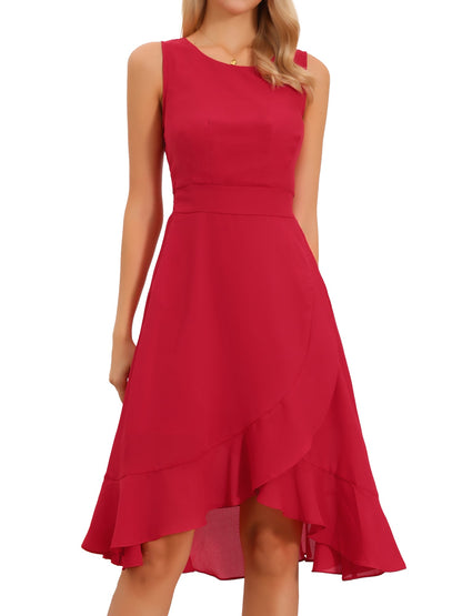 Elegant Red Midi Dress for Women with Boat Neck Sleeveless Ruffle Hem Asymmetric Style