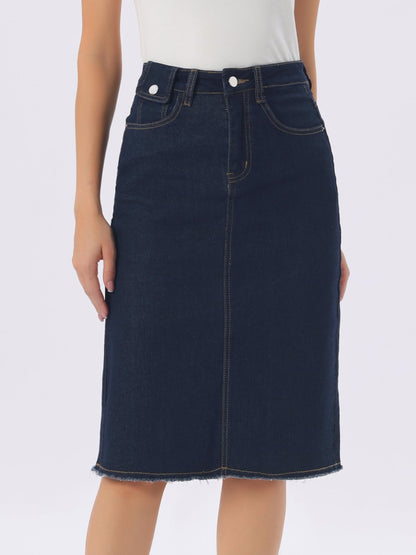 Effortless Denim Skirt for Women with High Waist Midi Straight Raw Hem Casual Jean Style