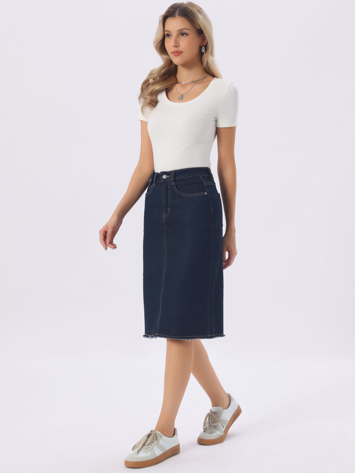 Effortless Denim Skirt for Women with High Waist Midi Straight Raw Hem Casual Jean Style