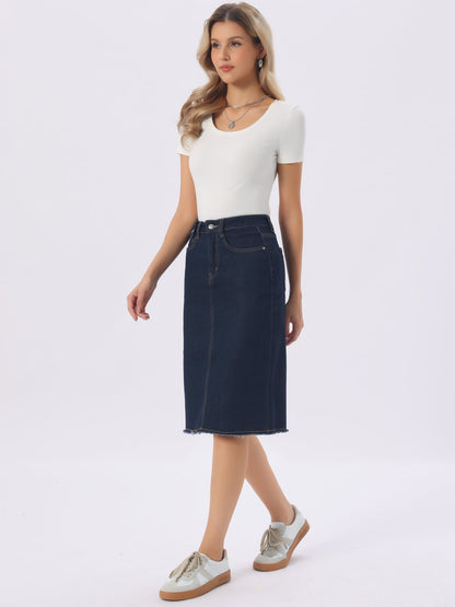 Effortless Denim Skirt for Women with High Waist Midi Straight Raw Hem Casual Jean Style
