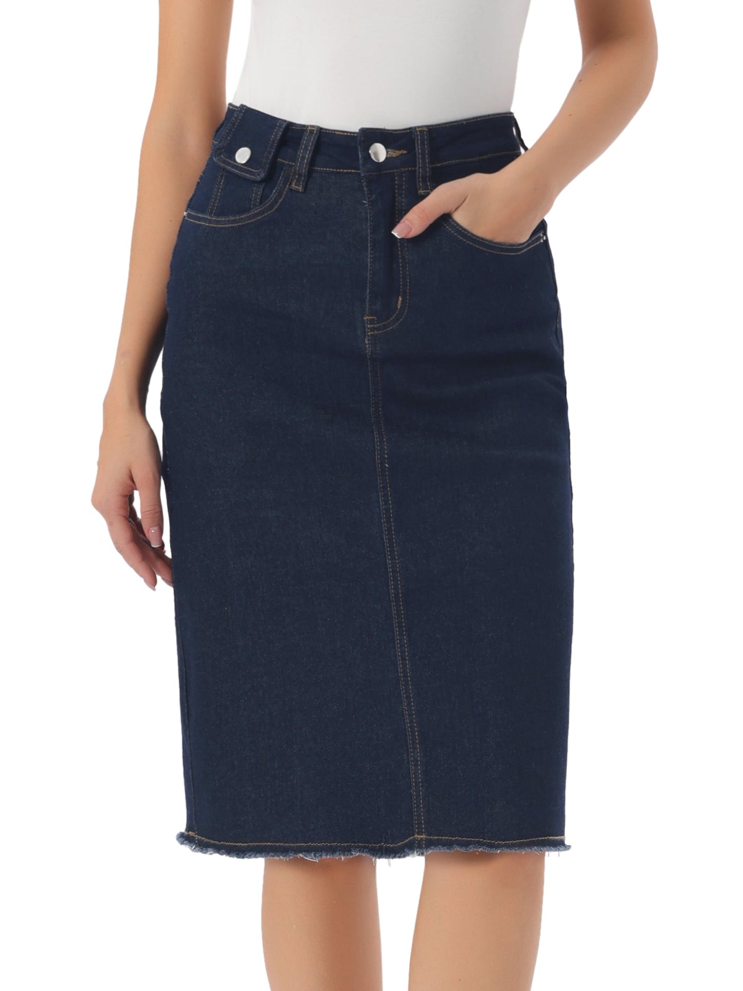 Effortless Denim Skirt for Women with High Waist Midi Straight Raw Hem Casual Jean Style