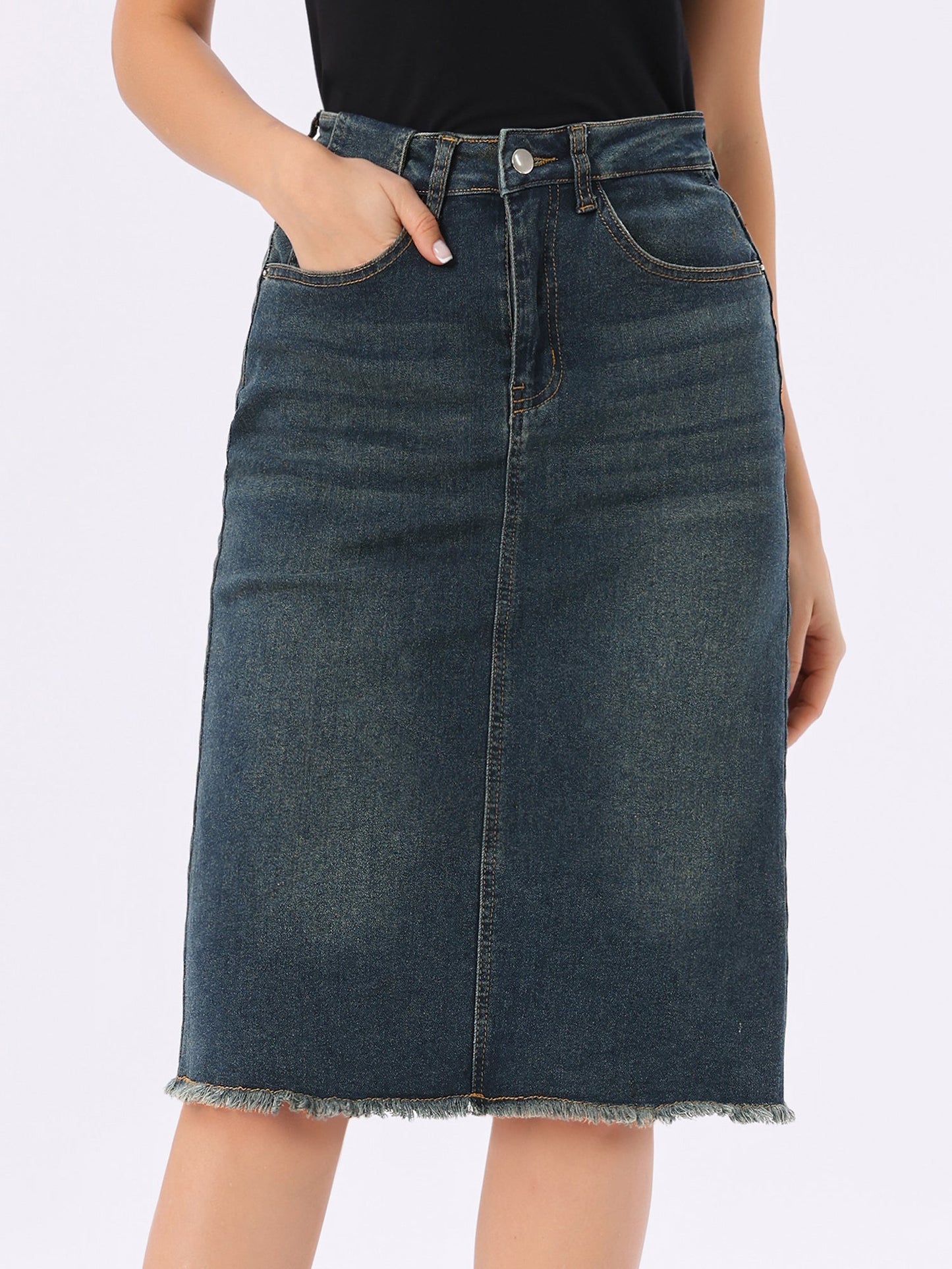 Effortless Denim Skirt for Women with High Waist Midi Straight Raw Hem Casual Jean Style