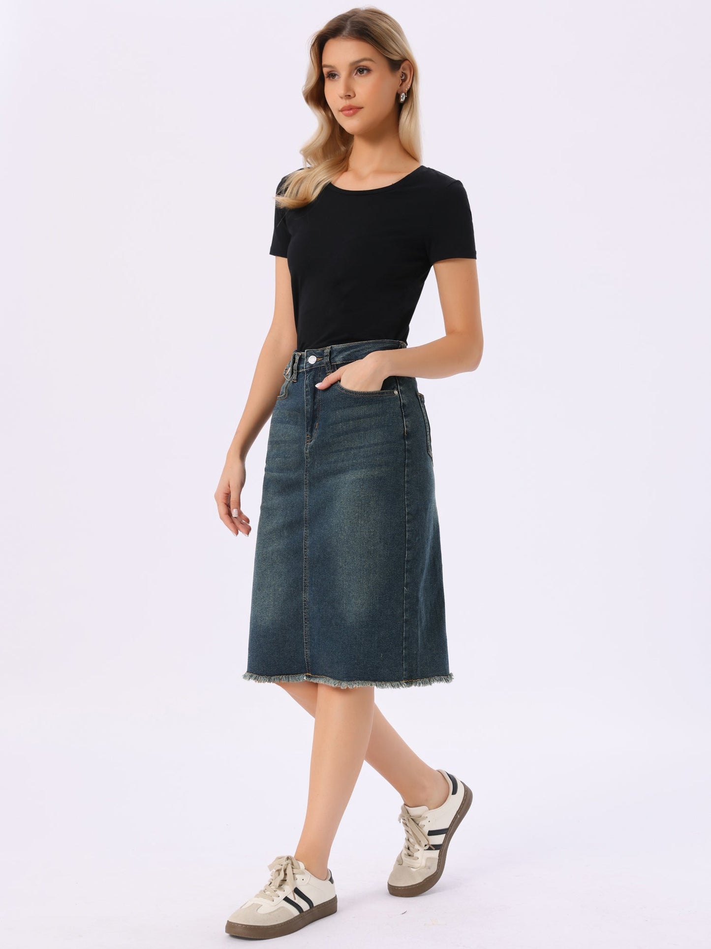 Effortless Denim Skirt for Women with High Waist Midi Straight Raw Hem Casual Jean Style