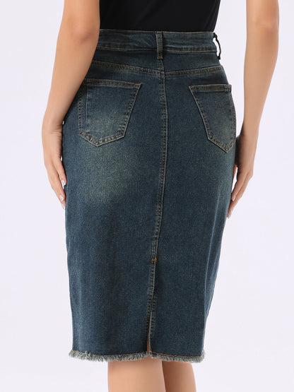 Effortless Denim Skirt for Women with High Waist Midi Straight Raw Hem Casual Jean Style