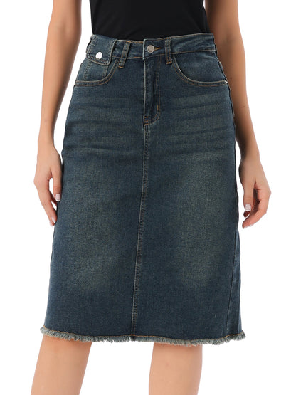 Effortless Denim Skirt for Women with High Waist Midi Straight Raw Hem Casual Jean Style