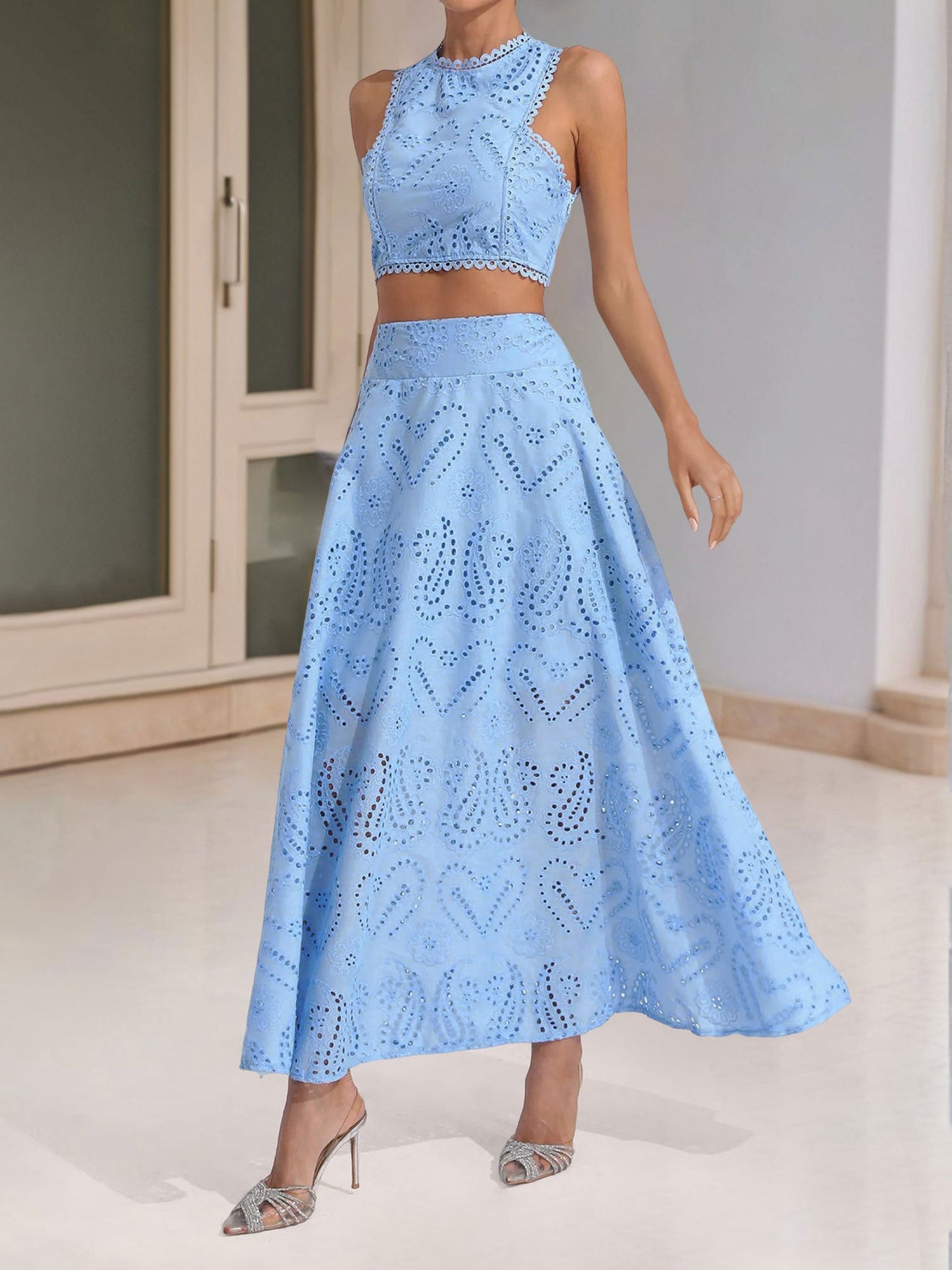 Elegant Maxi Skirt Set for Women with Halter Crop Top Two Piece Style