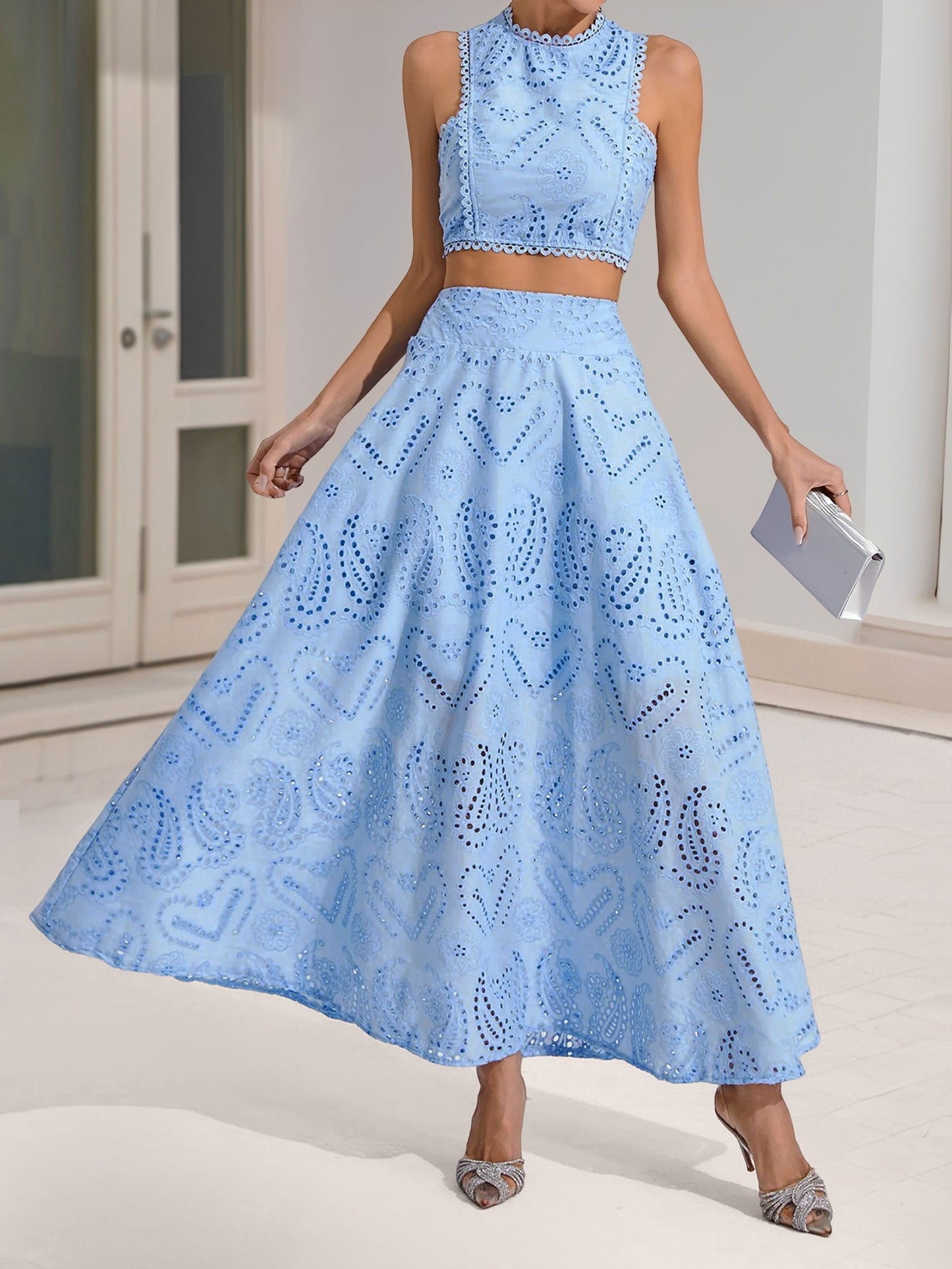 Elegant Maxi Skirt Set for Women with Halter Crop Top Two Piece Style