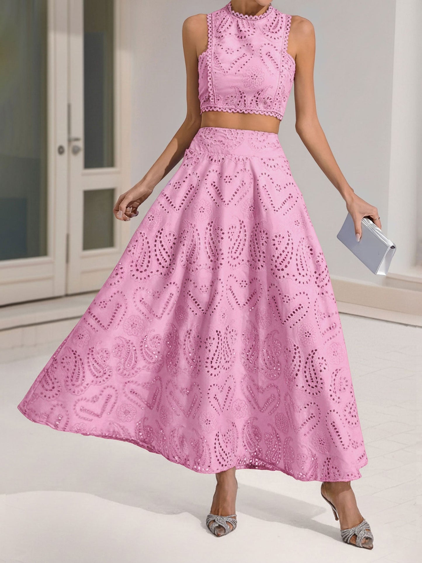 Elegant Maxi Skirt Set for Women with Halter Crop Top Two Piece Style